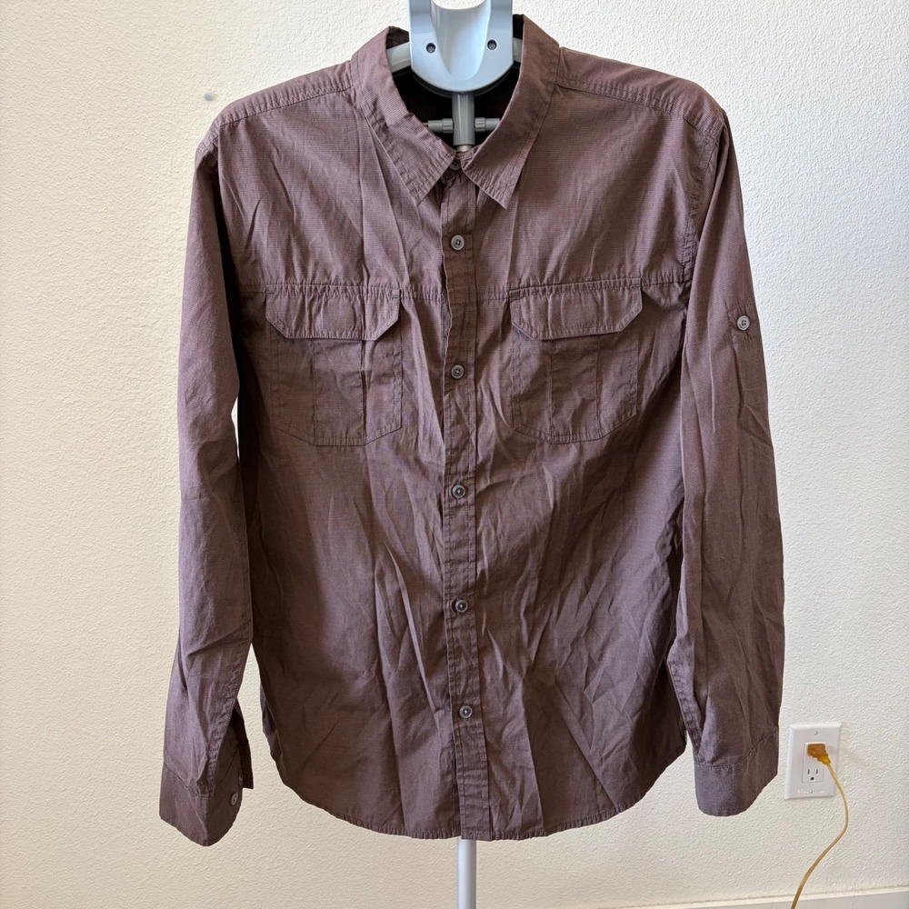 Prana Breathe Button Down Shirt Mens Large Brown Long Sleeve Roll Tab Outdoor
